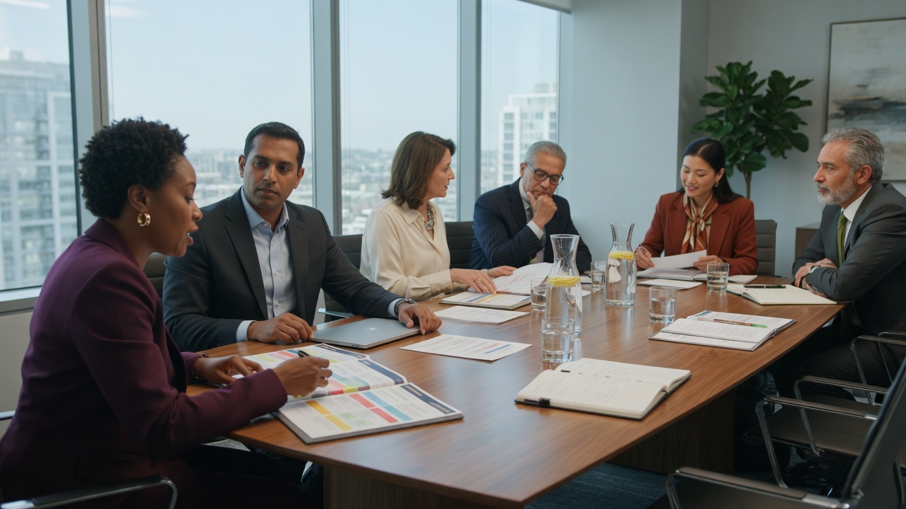Junta directiva reunida alrededor de la mesa, revisando el pack de la sesión